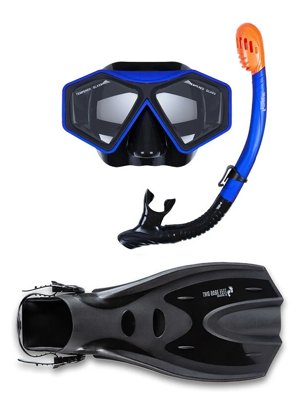 DiveSport Silicone Mask Dry Top Snorkel & F70 Fins 3pc Set (Blue / Black) 1 DiveSport Silicone Mask Dry Top Snorkel & F70 Fins 3pc Set (Blue / Black)