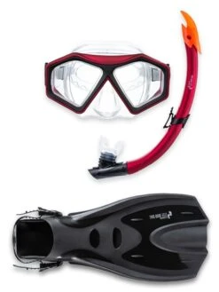 DiveSport Silicone Mask Snorkel & F70 Fins 3pc Set (Red / Clear)