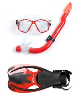 Two Bare Feet Childrens PVC Mask Snorkel Fins 3 Piece Set (Red)