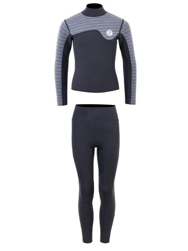 Two Bare Feet Junior Aspect Fleece Lined Zipless Thermal 2.5mm Superstretch Wetsuit Top & Pants Set (Black/Grey Stripes) 2 Two Bare Feet Junior Aspect Fleece Lined Zipless Thermal 2.5mm Superstretch Wetsuit Top & Pants Set (Black/Grey Stripes) - Image 2