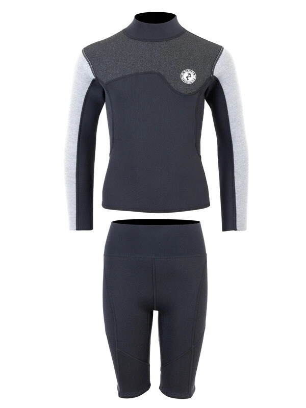 Two Bare Feet Junior Aspect Fleece Lined Zipless Thermal 2.5mm Superstretch Wetsuit Top & Shorts Set (Black/Grey/Grey) 2 Two Bare Feet Junior Aspect Fleece Lined Zipless Thermal 2.5mm Superstretch Wetsuit Top & Shorts Set (Black/Grey/Grey) - Image 2