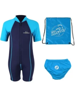 Deluxe Baby Swim Kit - Lycra Arm Wetsuit + Swim Nappy + Bag (Aqua)