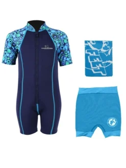 Deluxe Baby Swim Kit - Patterned Lycra Arm Wetsuit + Nappy Shorts + Towel (Aqua)
