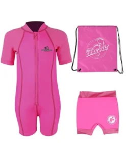 Deluxe Baby Swim Kit - Lycra Arm Wetsuit + Nappy Shorts + Bag (Pink)