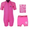 Deluxe Baby Swim Kit - Lycra Arm Wetsuit + Nappy Shorts + Towel (Pink)