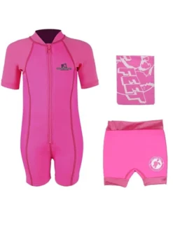 Deluxe Baby Swim Kit - Lycra Arm Wetsuit + Nappy Shorts + Towel (Pink)