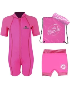 Premier Baby Swim Kit - Lycra Arm Wetsuit + Nappy Shorts + Towel + Bag (Pink)