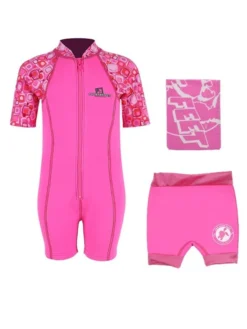 Deluxe Baby Swim Kit - Patterned Lycra Arm Wetsuit + Nappy Shorts + Towel (Pink)