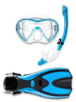 Pro Dive Series Silicone Mask, Dry Top Snorkel & F70 Fins 3 Piece Set 3 (Aqua)