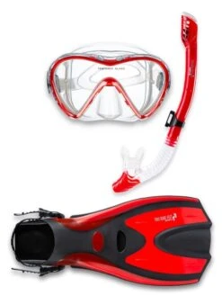 Pro Dive Series Silicone Mask, Dry Top Snorkel & F70 Fins 3 Piece Set 3 (Red)
