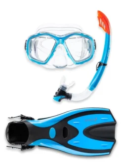 Two Bare Feet Adult PVC Mask, Snorkel & F70 Fins 3 Piece Set (Aqua)