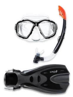 Two Bare Feet Adult PVC Mask, Snorkel & F70 Fins 3 Piece Set (Black)
