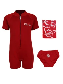 Deluxe Baby Swim Kit - Classic Wetsuit + Swim Nappy + Towel (Red)