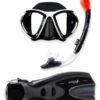 Two Bare Feet Adult Silicone Dry Top Snorkel, White Silicone Mask & F70 Fins Set (White/Black)