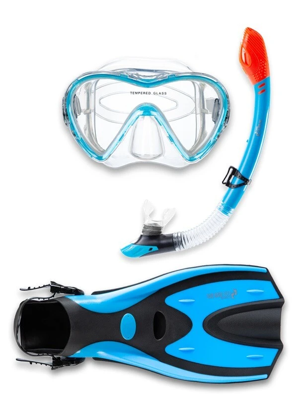 Two Bare Feet Adult Silicone Mask, Dry Top Snorkel & F70 Fins 3 Piece Set 3 (Aqua)