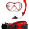 Two Bare Feet Adult Silicone Mask, Dry Top Snorkel & F70 Fins 3 Piece Set 3 (Red)