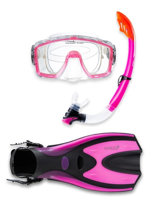 Two Bare Feet Adult Silicone Mask, Snorkel & F70 Fins 3 Piece Set 1 (Pink)