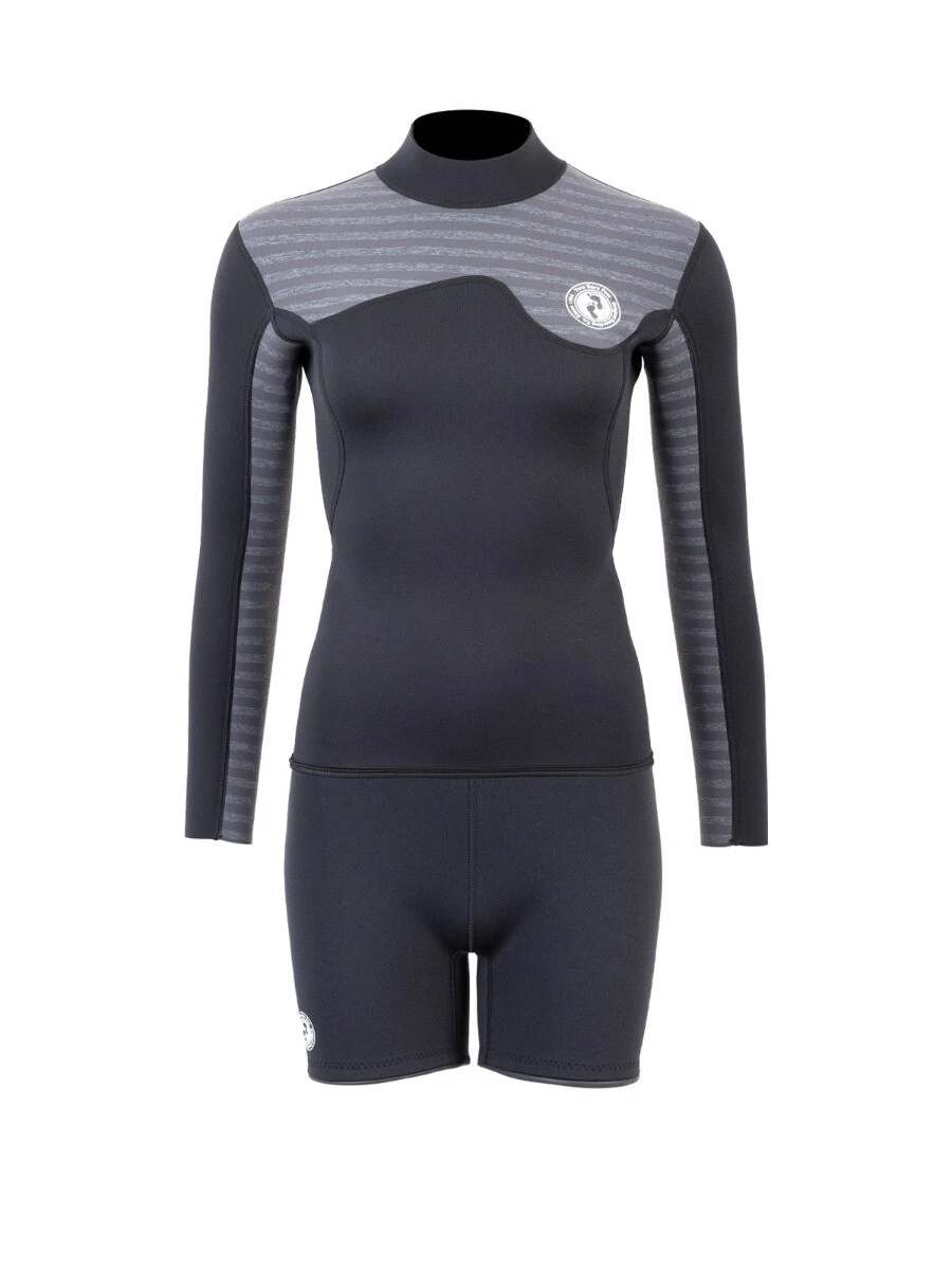 Two Bare Feet Womens Aspect Back Zip 2.5mm Wetsuit Jacket & Hotpants Set (Black/Grey Stripes) 1 Two Bare Feet Womens Aspect Back Zip 2.5mm Wetsuit Jacket & Hotpants Set (Black/Grey Stripes)
